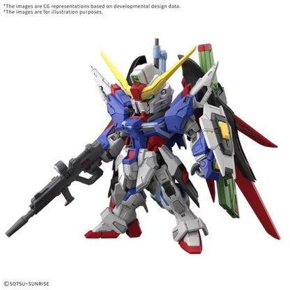 Bandai MGSD Destiny Gundam model kit showing the stylized mobile suit with deployed wings of light and its Arondight beam sword.
