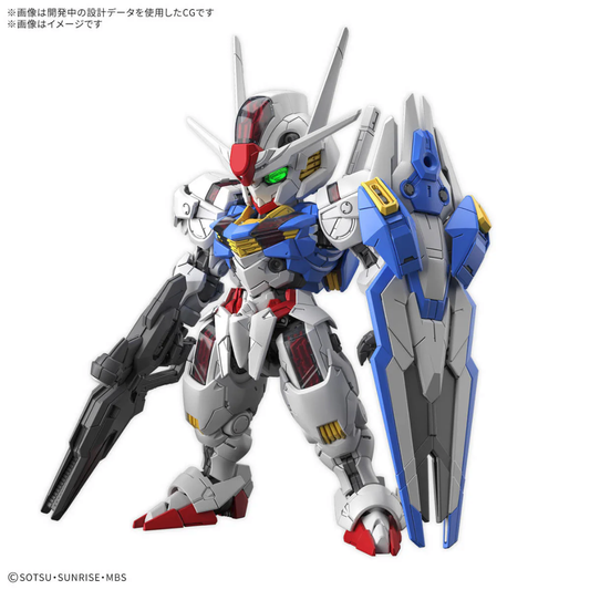 The Bandai MGSD Gundam Aerial model kit with its glowing Shell Units visible and the Bit Staves mounted on its shoulders and back.