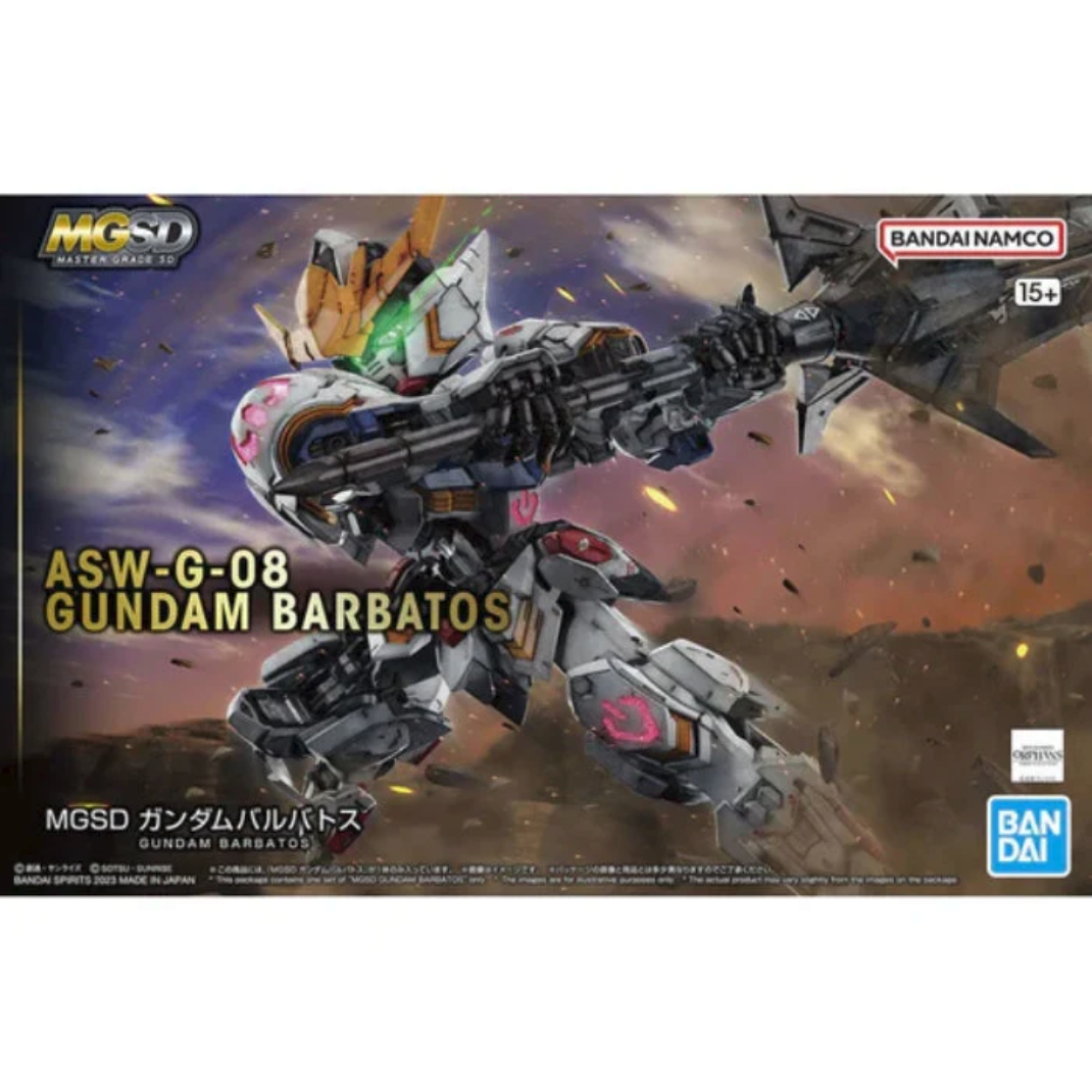 The Bandai MGSD Gundam Barbatos model kit in a dynamic kneeling pose, showcasing its metallic internal frame and massive mace.