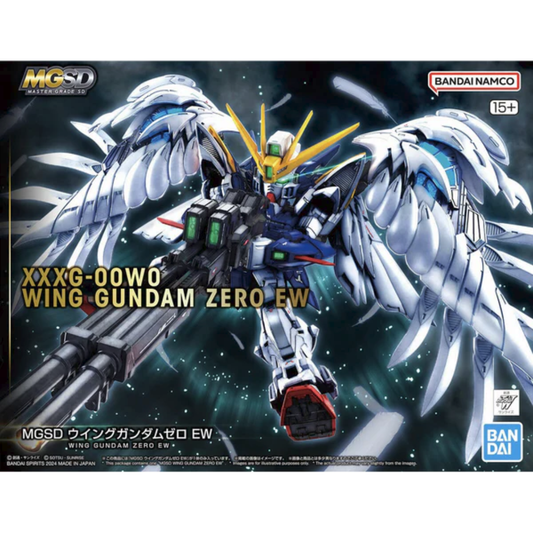 Front box art of the Bandai MGSD Wing Gundam Zero EW model kit showing the stylized mobile suit holding its Twin Buster Rifle with angelic wings deployed.