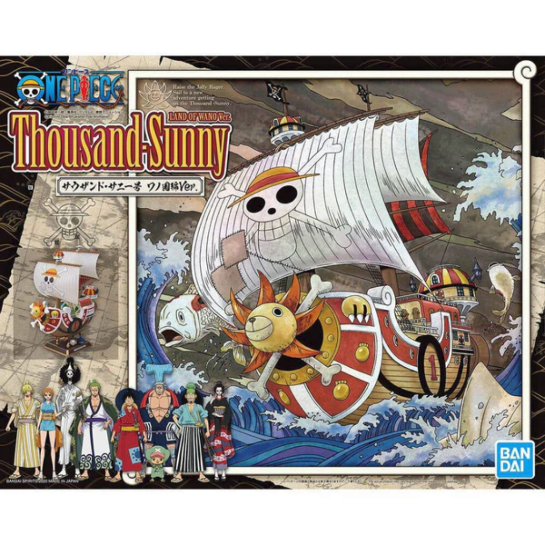 Bandai Grand Ship Collection model of the Thousand Sunny Land of Wano Version with Straw Hat crew figures and wave effect base.