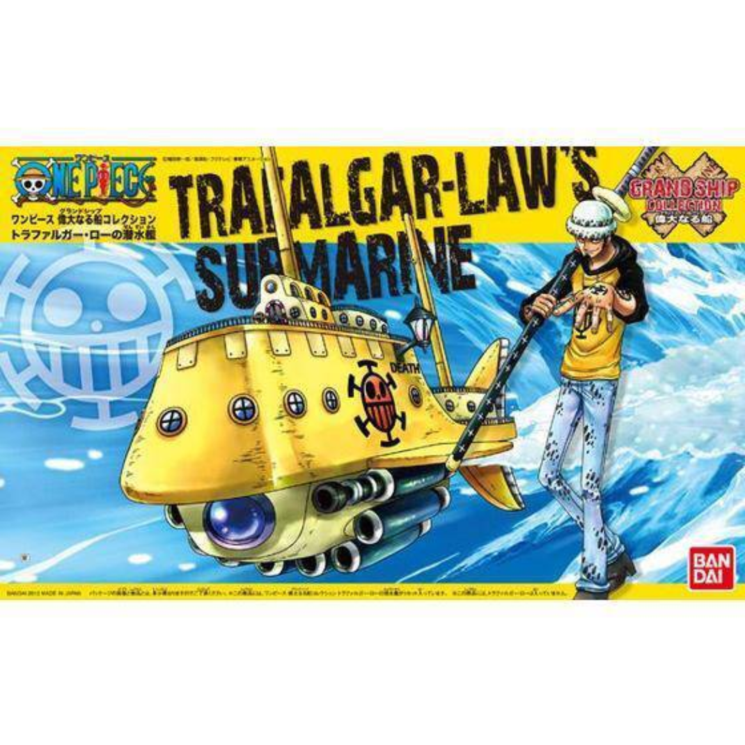 Bandai Grand Ship Collection #02 model kit showing Trafalgar Law's yellow submarine with green underside and sea effect display stand.