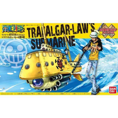 Bandai Grand Ship Collection #02 model kit showing Trafalgar Law's yellow submarine with green underside and sea effect display stand.