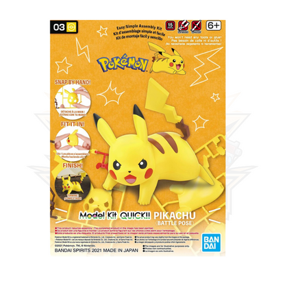 Bandai Pokémon Model Kit Quick!! 03 Pikachu Battle Pose – snap-fit assembly, molded colors, articulated tail, 75mm tall