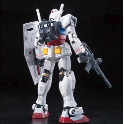 The Bandai RG 1/144 RX-78-2 Gundam Ver.2.0 model kit in a dynamic firing pose, showing the intricate mechanical detail of its new internal frame.