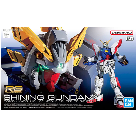 Bandai Real Grade 1/144 scale Shining Gundam model kit showing the mobile suit in its Super Mode with deployed armor and glowing hand.