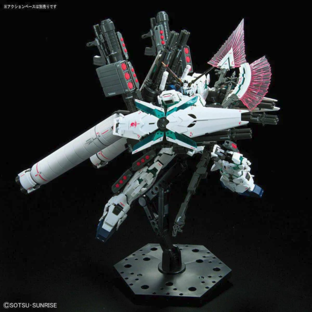 Bandai Real Grade 1/144 scale Full Armor Unicorn Gundam model kit showing the white mobile suit with green psycho-frame and massive weapon loadout.