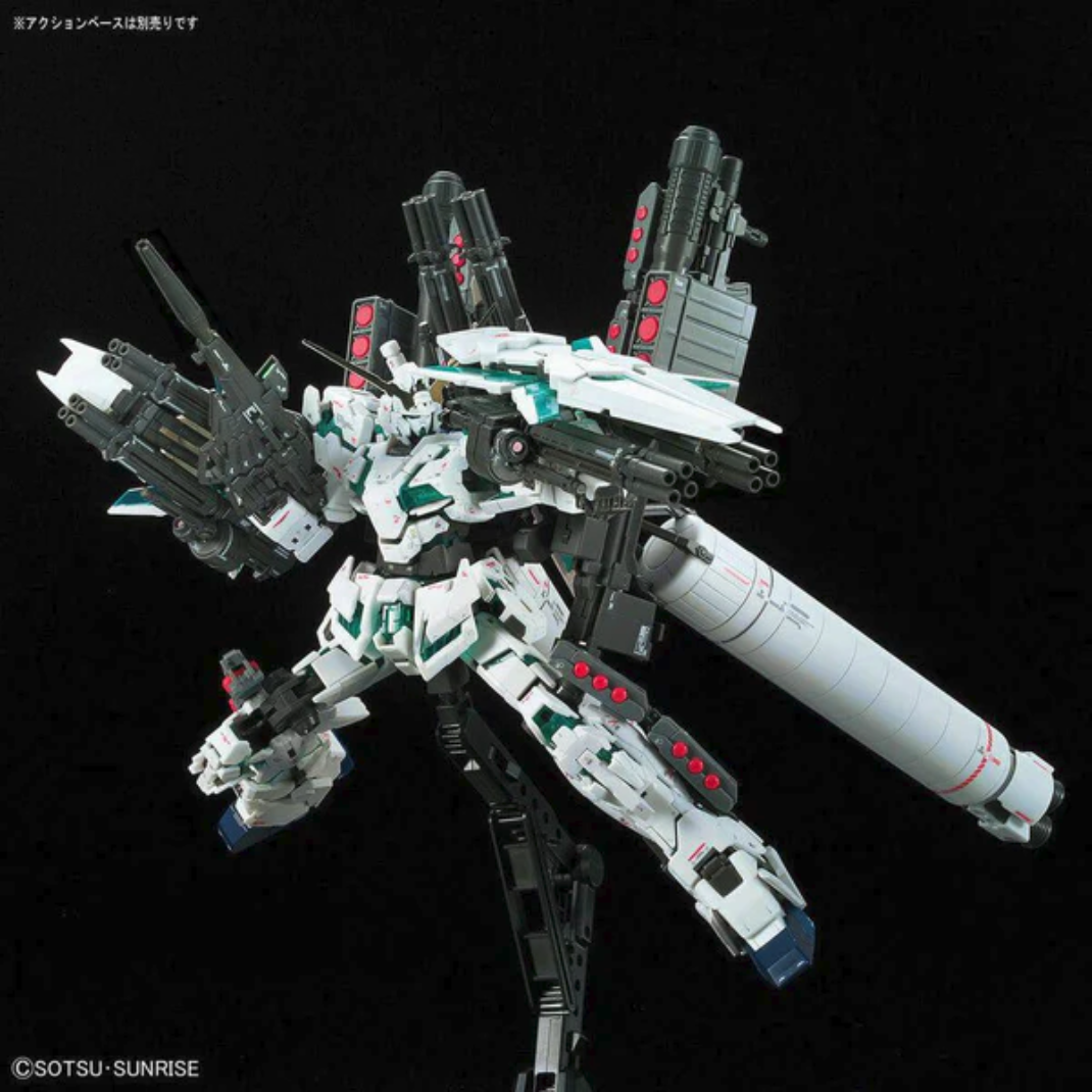 Bandai Real Grade 1/144 scale Full Armor Unicorn Gundam model kit showing the white mobile suit with green psycho-frame and massive weapon loadout.