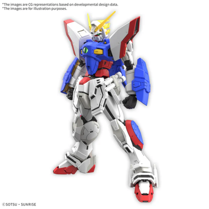 Bandai Real Grade 1/144 scale Shining Gundam model kit showing the mobile suit in its Super Mode with deployed armor and glowing hand.