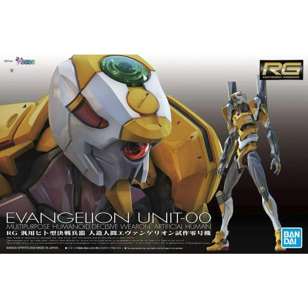 Bandai Real Grade Evangelion Unit-00 model kit showing the yellow prototype EVA unit in a dynamic pose with accessories.
