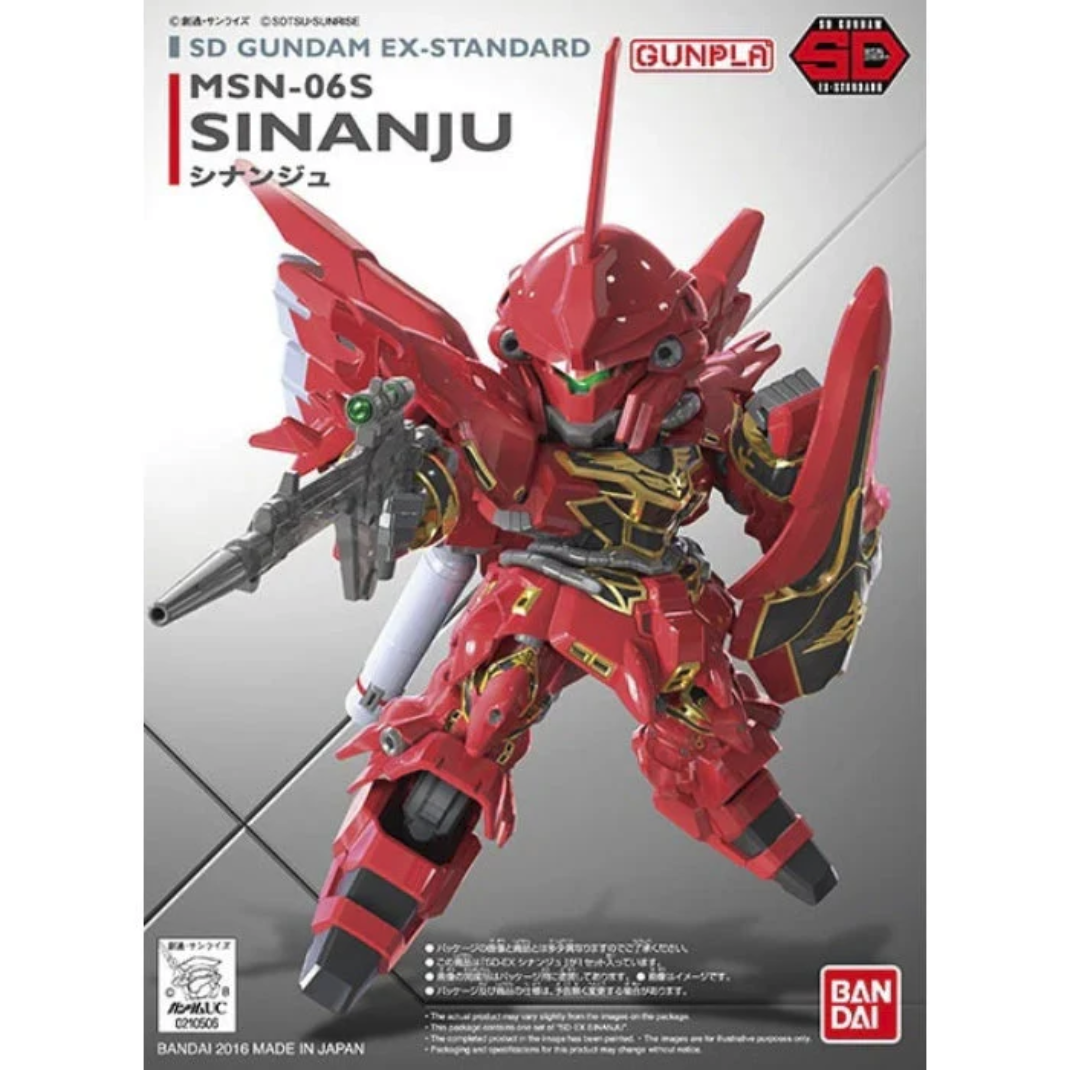 The Bandai SD Gundam EX-Standard Sinanju model kit in a dynamic pose with its beam rifle and ornate shield.