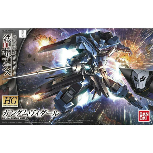 The HG 1/144 Gundam Vidar model kit box art showing the mobile suit wielding its Burst Saber rapier in a dynamic striking pose.