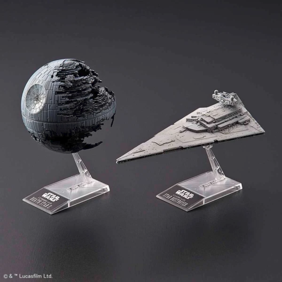 Bandai Star Wars model kit showing the Death Star II and an Imperial Star Destroyer on clear flight stands.