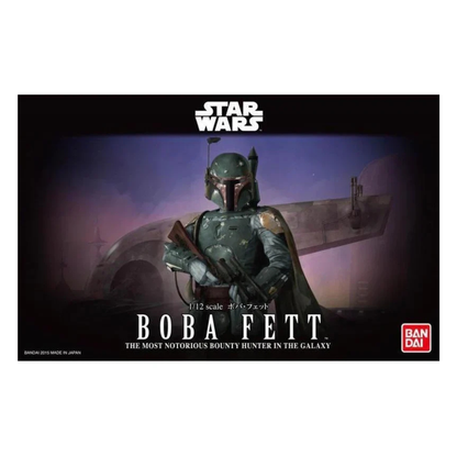 Bandai 1/12 scale Boba Fett plastic model kit (Original Trilogy version), featuring the bounty hunter in his classic weathered green and grey armor, aiming his EE-3 carbine rifle.