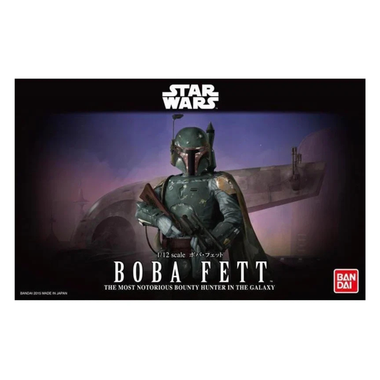 Bandai 1/12 scale Boba Fett plastic model kit (Original Trilogy version), featuring the bounty hunter in his classic weathered green and grey armor, aiming his EE-3 carbine rifle.