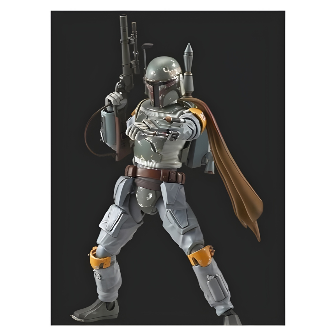 Bandai 1/12 scale Boba Fett plastic model kit (Original Trilogy version), featuring the bounty hunter in his classic weathered green and grey armor, aiming his EE-3 carbine rifle.