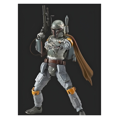 Bandai 1/12 scale Boba Fett plastic model kit (Original Trilogy version), featuring the bounty hunter in his classic weathered green and grey armor, aiming his EE-3 carbine rifle.