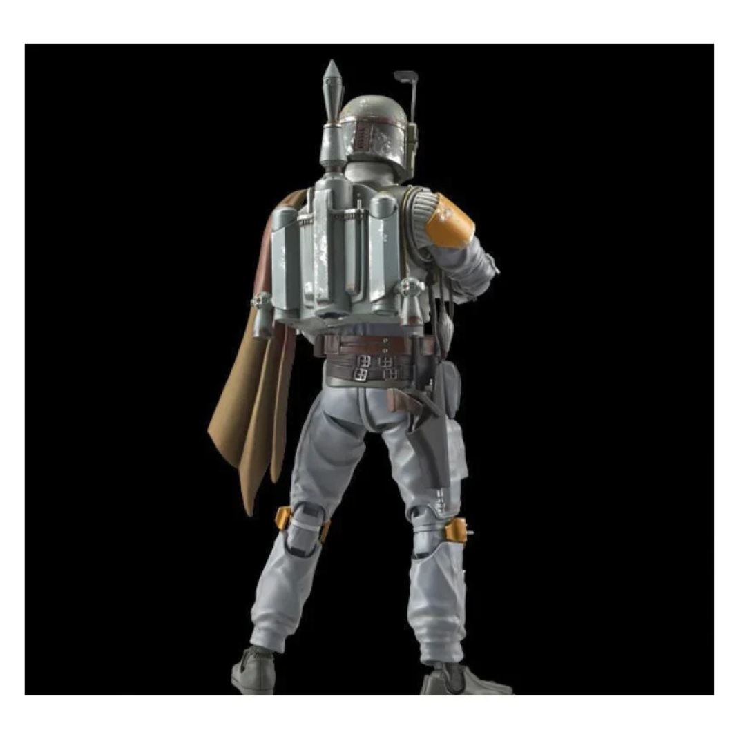 Bandai 1/12 scale Boba Fett plastic model kit (Original Trilogy version), featuring the bounty hunter in his classic weathered green and grey armor, aiming his EE-3 carbine rifle.