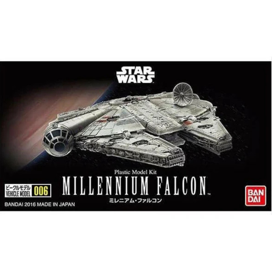 Bandai Star Wars Vehicle Model 006 Millennium Falcon plastic model kit, showing the iconic YT-1300 freighter with a circular radar dish on its black display stand.