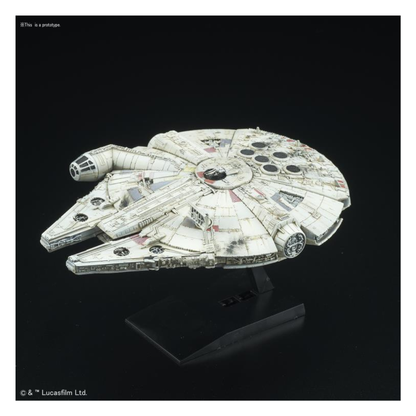 Bandai Star Wars Vehicle Model 006 Millennium Falcon plastic model kit, showing the iconic YT-1300 freighter with a circular radar dish on its black display stand.