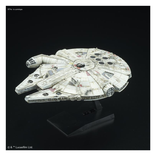 Bandai Star Wars Vehicle Model 006 Millennium Falcon plastic model kit, showing the iconic YT-1300 freighter with a circular radar dish on its black display stand.