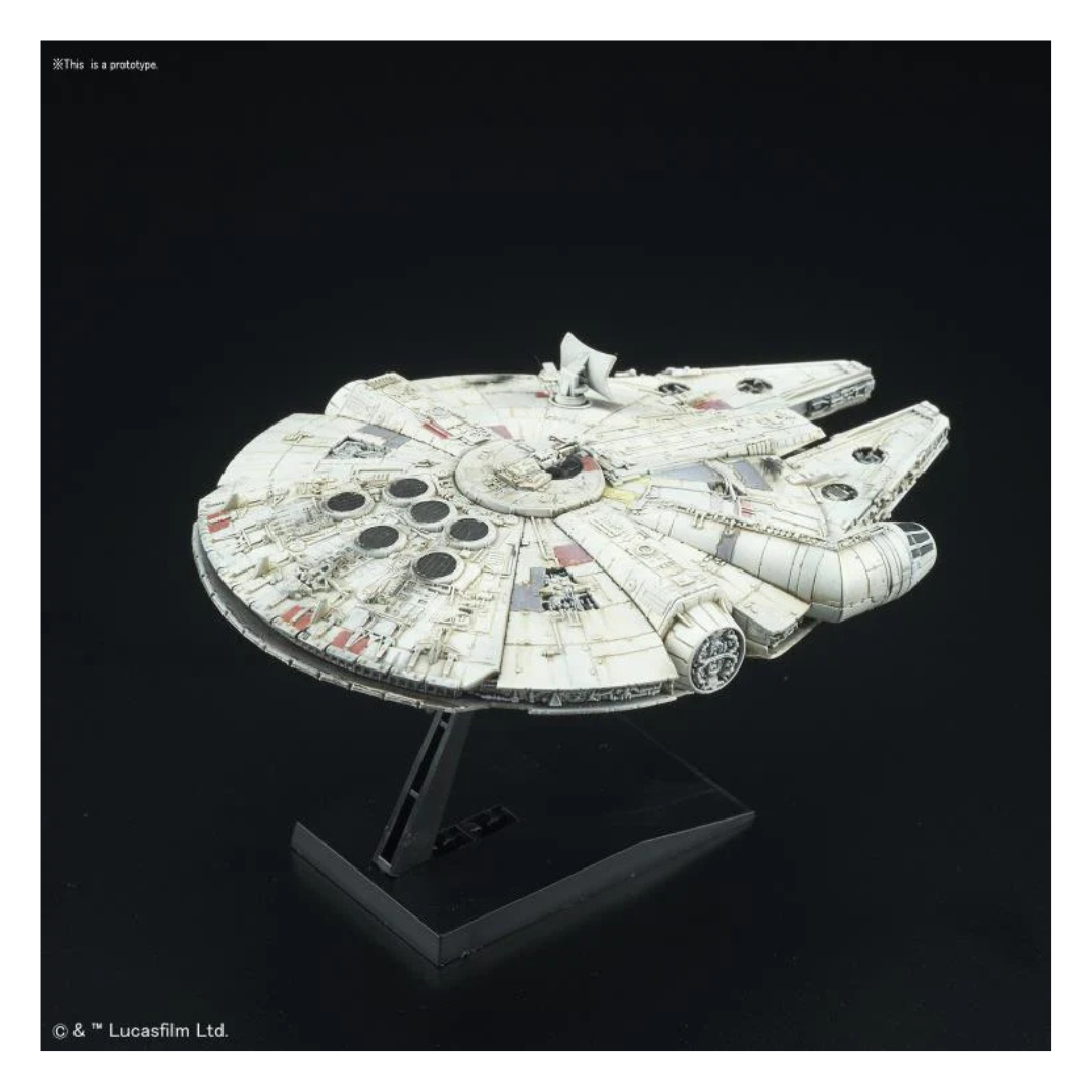 Bandai Star Wars Vehicle Model 006 Millennium Falcon plastic model kit, showing the iconic YT-1300 freighter with a circular radar dish on its black display stand.