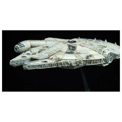 Bandai Star Wars Vehicle Model 006 Millennium Falcon plastic model kit, showing the iconic YT-1300 freighter with a circular radar dish on its black display stand.