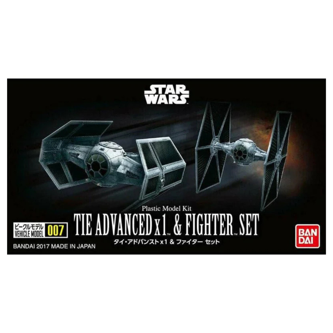 Bandai Star Wars Vehicle Model 007 dual kit featuring Darth Vader's TIE Advanced x1 and a standard TIE Fighter, both mounted on a single black display stand.