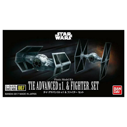 Bandai Star Wars Vehicle Model 007 dual kit featuring Darth Vader's TIE Advanced x1 and a standard TIE Fighter, both mounted on a single black display stand.