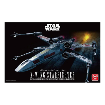 Bandai 1/72 scale Star Wars X-Wing Starfighter plastic model kit box art, showing the Rebel starfighter in flight with S-foils open over the Death Star surface.