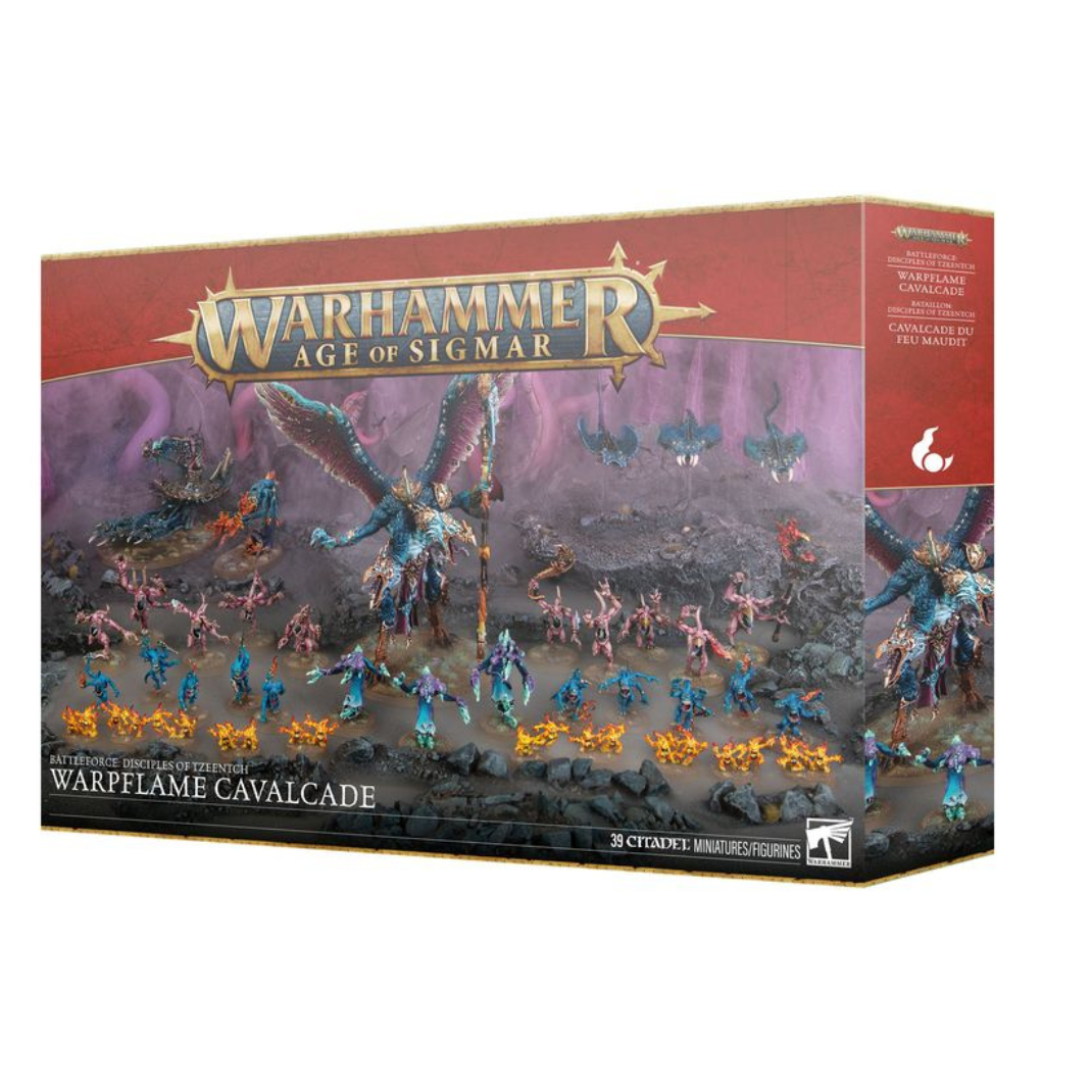 The Disciples of Tzeentch: Warpflame Cavalcade Battleforce box art showing a massive force of Horrors, Tzaangors, and Flamers led by The Curseling.