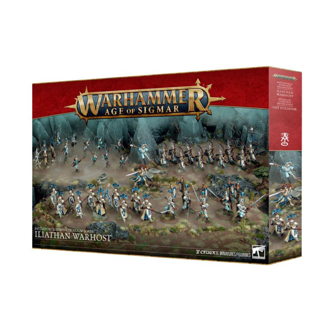 The Lumineth Realm-lords: Iliathan Warhost Battleforce box art showcasing a massive army of Aelves including Wardens, Sentinels, and a Bolt Thrower on a crystalline battlefield.
