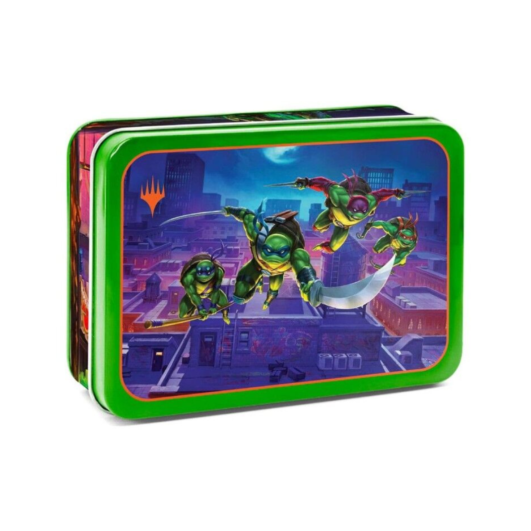 The Beadle & Grimm's Teenage Mutant Ninja Turtles MTG Token Set showing the embossed tin, aluminum cards, metal pizza counters, and dice.