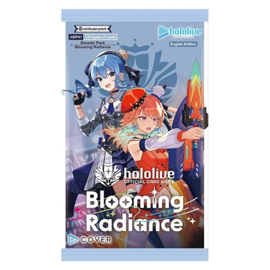 Front view of the factory-sealed Hololive Official Card Game: Blooming Radiance Booster Box showcasing the vibrant idol promotional character artwork.v