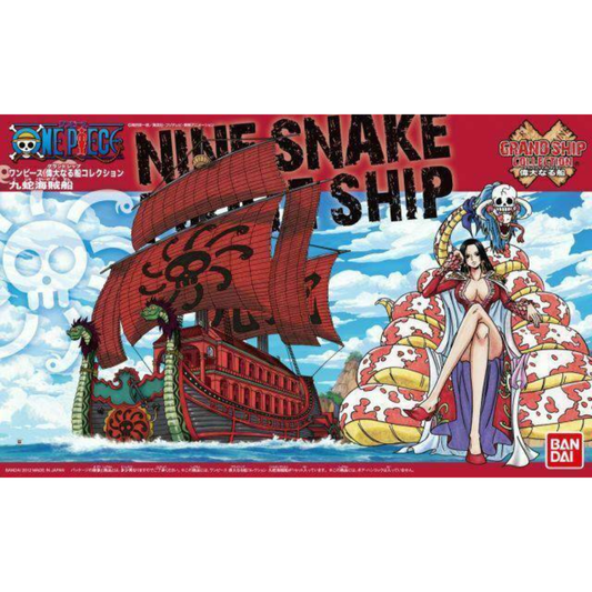 Official box art packaging for the One Piece Grand Ship Collection Kuja Pirates Ship model kit showing the crimson vessel flanked by giant sea snakes sailing through open waters.