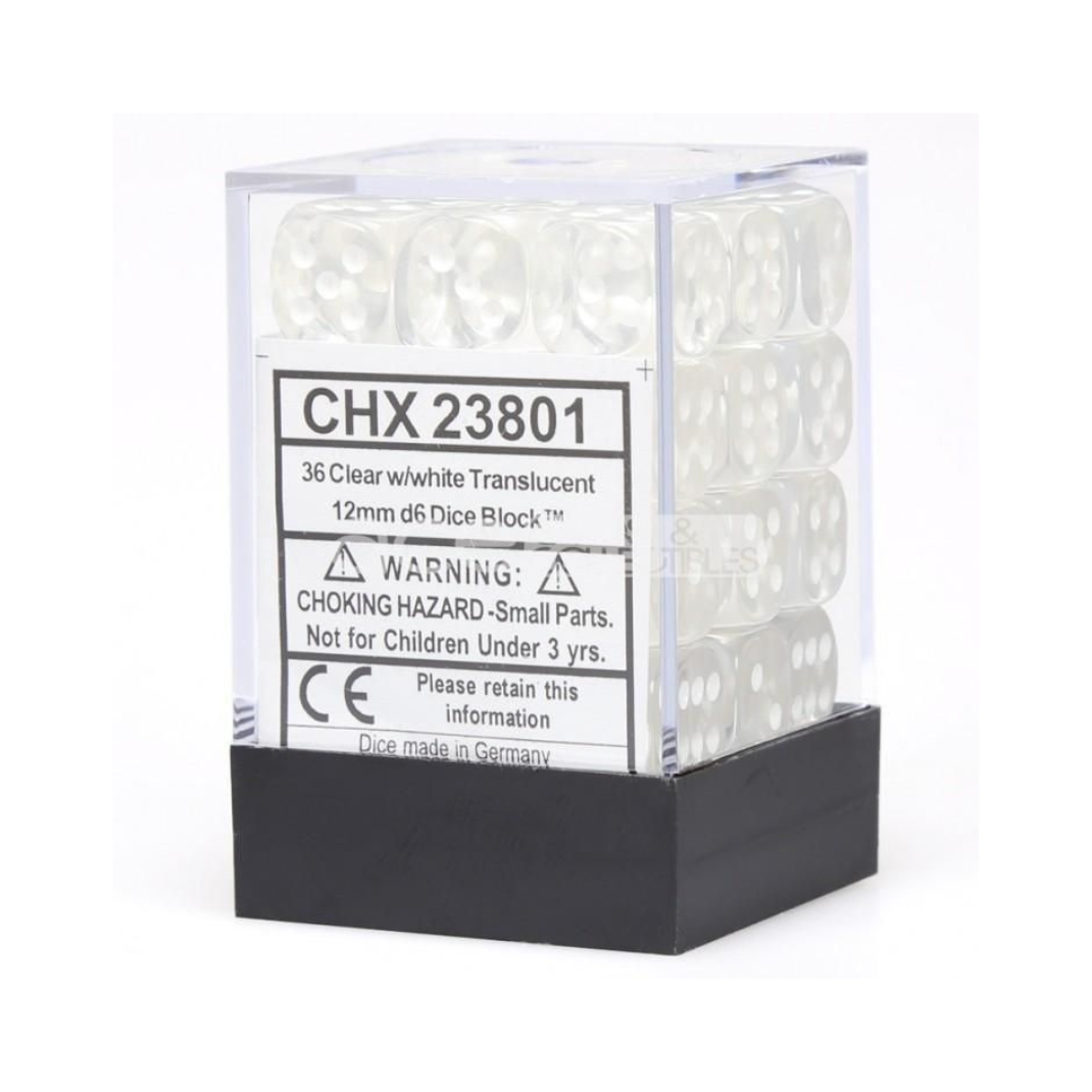 Chessex Translucent 12mm d6 Clear/White Block Dice Set of 36 – Hobby Collectors Australia