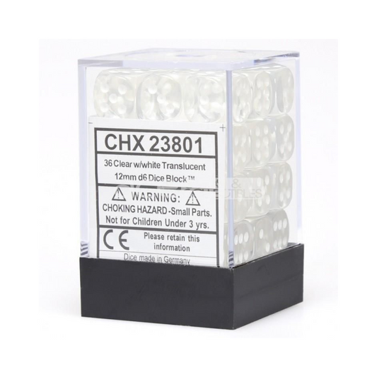 Chessex Translucent 12mm d6 Clear/White Block Dice Set of 36 – Hobby Collectors Australia