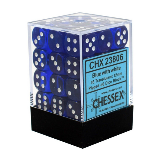 Chessex Translucent 12mm d6 Blue/White Block Dice – Set of 36 (CHX 23806)