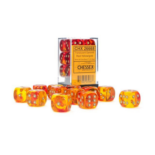 Chessex Gemini 16mm d6 Translucent Red-Yellow/Gold Dice Set of 12 – Hobby Collectors Australia