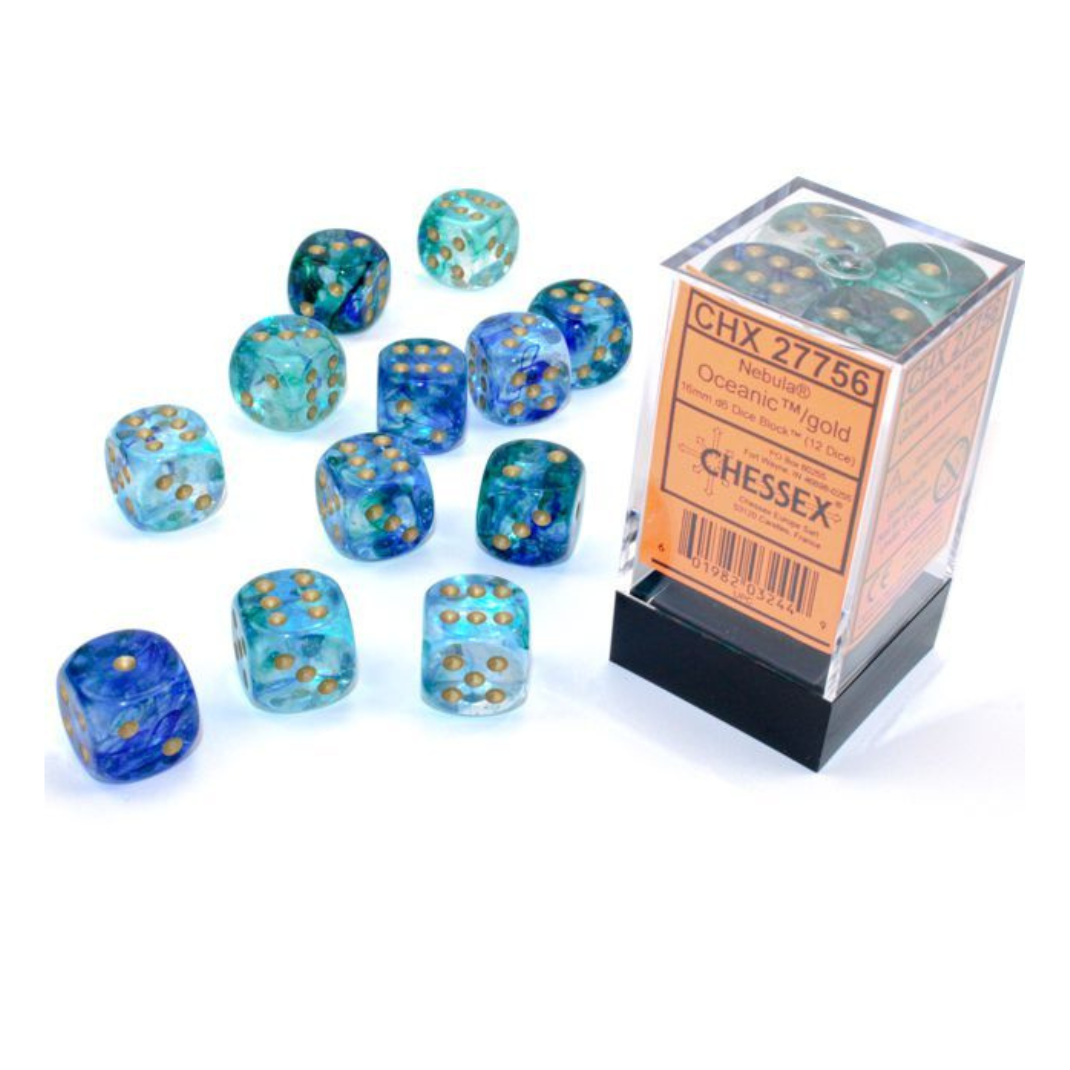 Chessex Nebula 16mm d6 Oceanic/Gold Luminary Block Dice Set of 12 – Hobby Collectors Australia