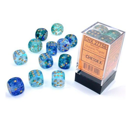 Chessex Nebula 16mm d6 Oceanic/Gold Luminary Block Dice Set of 12 – Hobby Collectors Australia