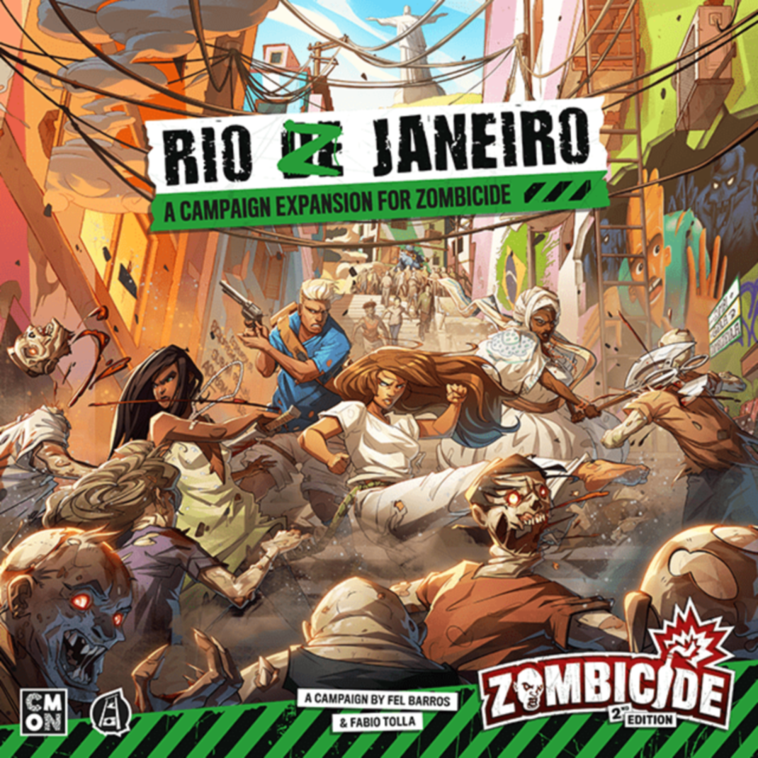 The Zombicide 2nd Edition Rio Z Janeiro expansion box art featuring survivors fighting zombies amidst the colorful floats and streets of Brazil.