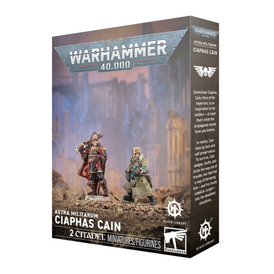 Warhammer 40,000 Astra Militarum Ciaphas Cain miniatures packaging on a white background