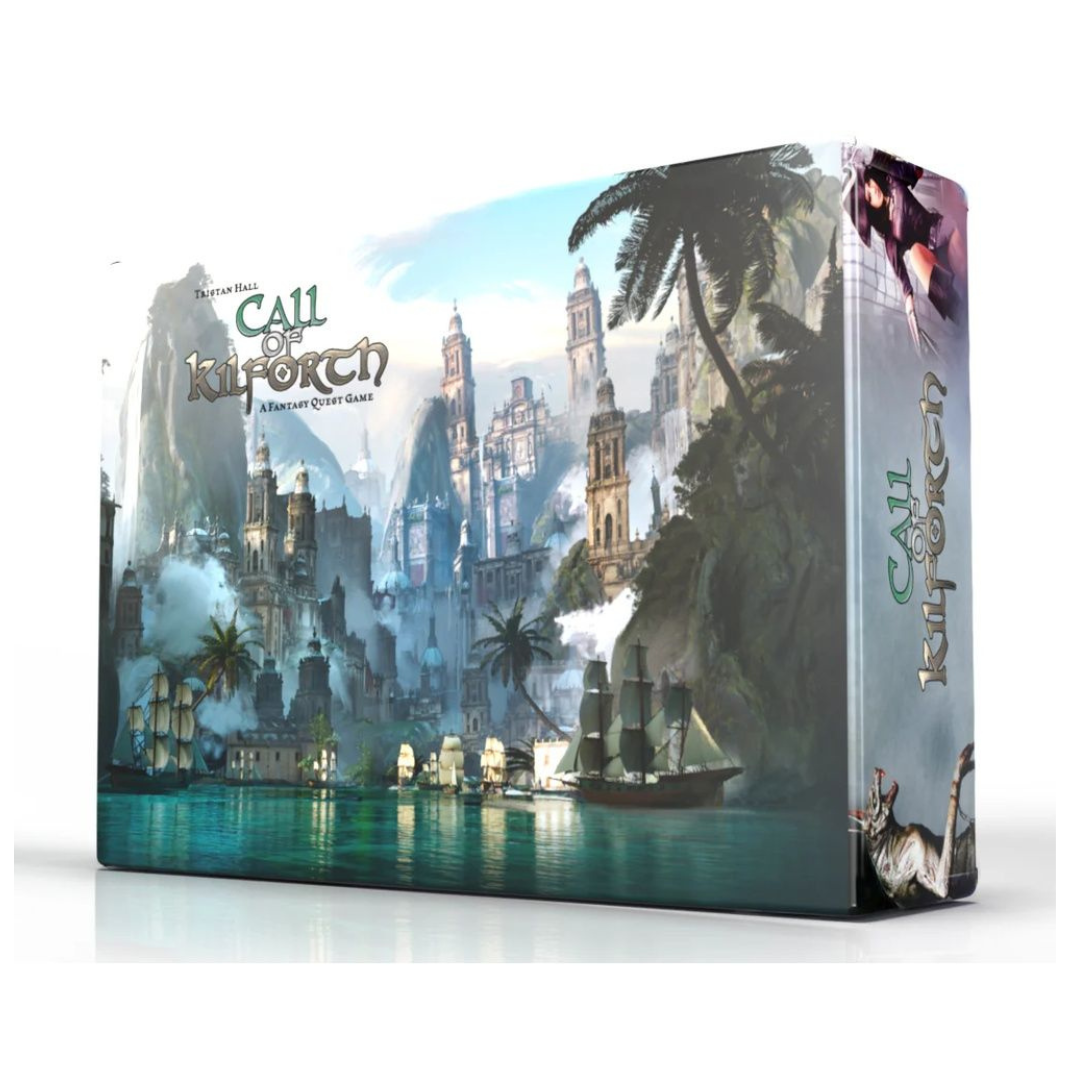 The Call of Kilforth: A Fantasy Quest Game box art, showing a hero overlooking a tropical sea with a large galleon and a dark, gothic ancient rising in the background.