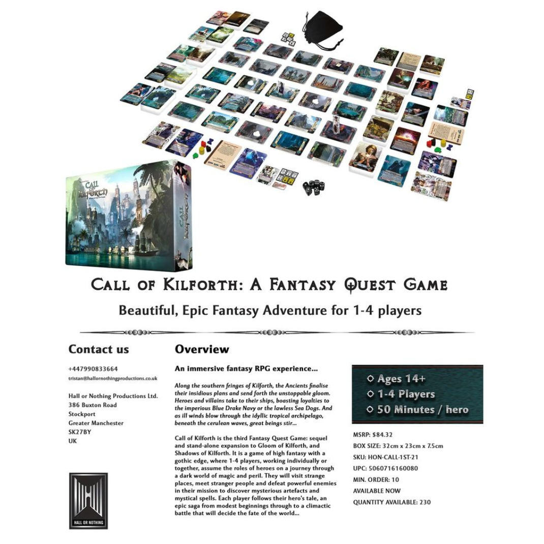 The Call of Kilforth: A Fantasy Quest Game box art, showing a hero overlooking a tropical sea with a large galleon and a dark, gothic ancient rising in the background.