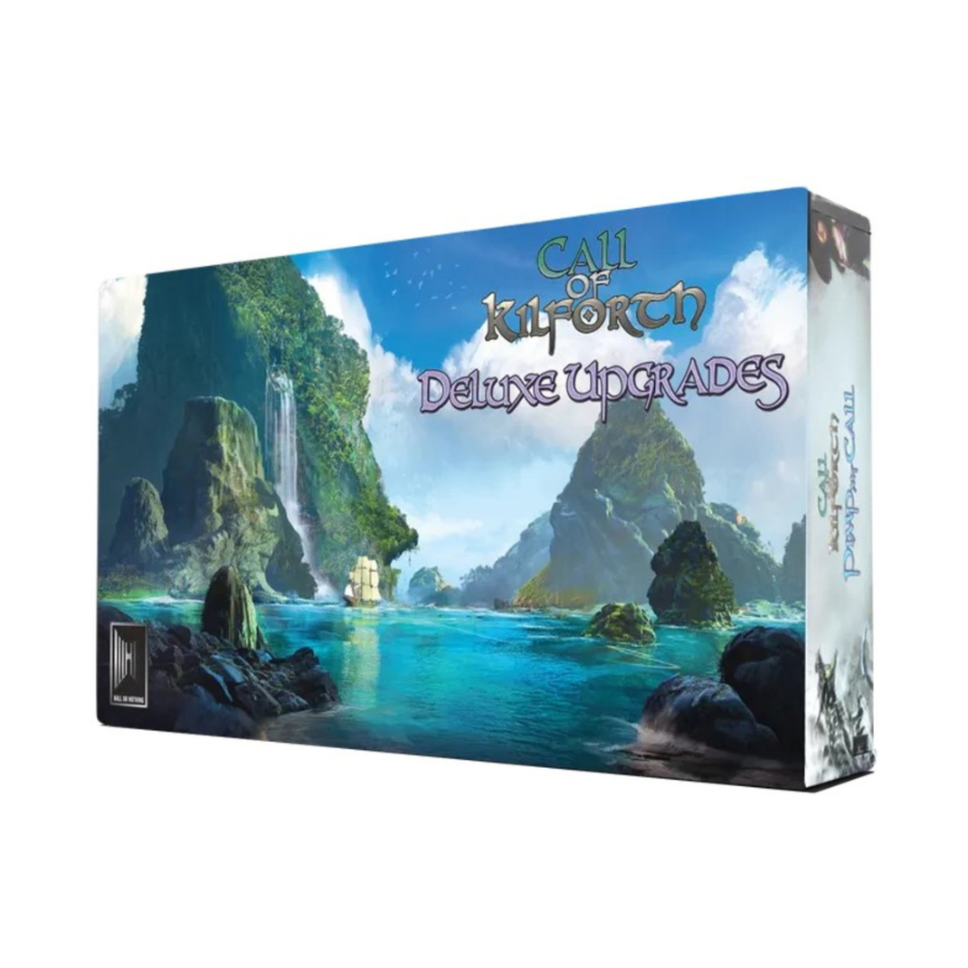 The Call of Kilforth: Deluxe Upgrades expansion box showing the oversized tarot cards, velvet draw bag, and colorful race standees.
