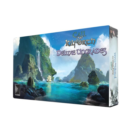 The Call of Kilforth: Deluxe Upgrades expansion box showing the oversized tarot cards, velvet draw bag, and colorful race standees.