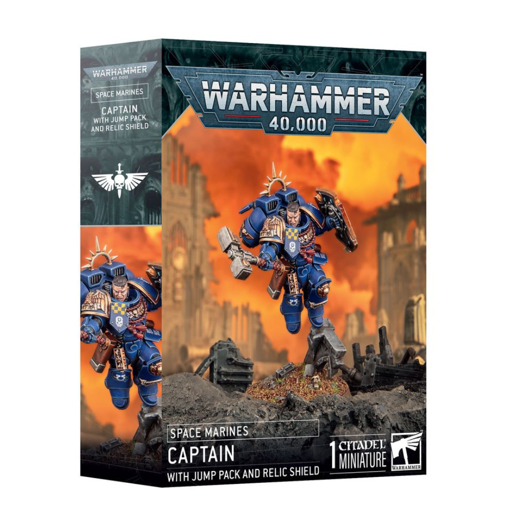 Space Marines Captain with Jump Pack & Relic Shield 2025 miniature kit — high‑mobility Space Marine HQ with jump pack, relic shield, thunder hammer/chainsword options