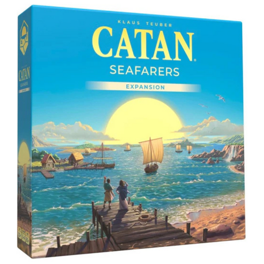 Board game expansion box for 'Catan: Seafarers' with a scenic illustration of a dock and ocean.
