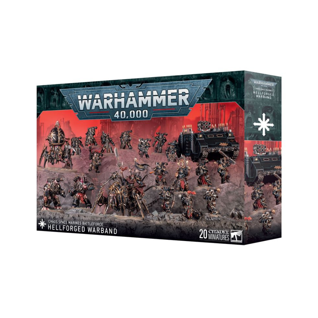 Chaos Space Marines Hellforged Warband boxed set – Lord Discordant, Venomcrawler, Obliterators, Havocs, Legionaries, and Rhino